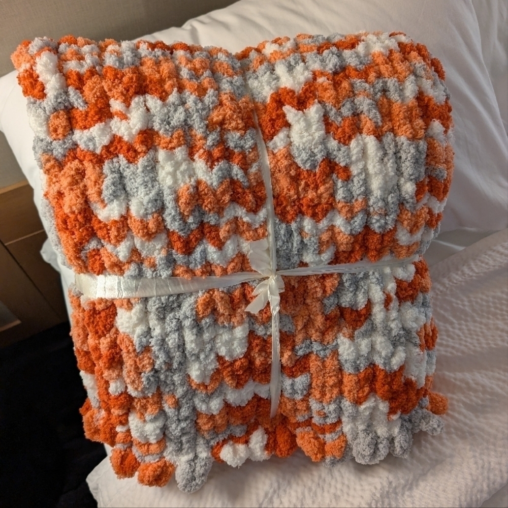 Cozy Chenille Throw Blanket -‎ Orange, White, Gray